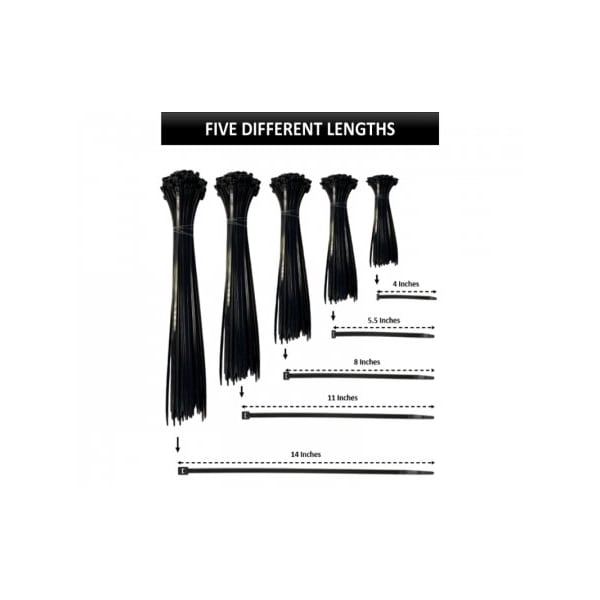 Assorted Size Cable Ties Kit - 4in, 5.5in, 8in, 11in, 14in Length - 500 Pcs - Black Nylon